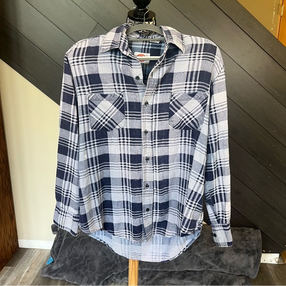 Dickies Navy and White Plaid‎ Button Down Shirt WORKWEAR VTG - Picture 1 of 8